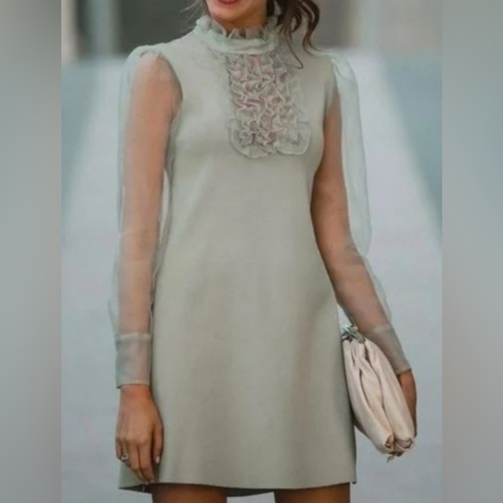 ZARA Sea Green Organza Ruffle/Sleeve High Neck Knit Party Dress (M)